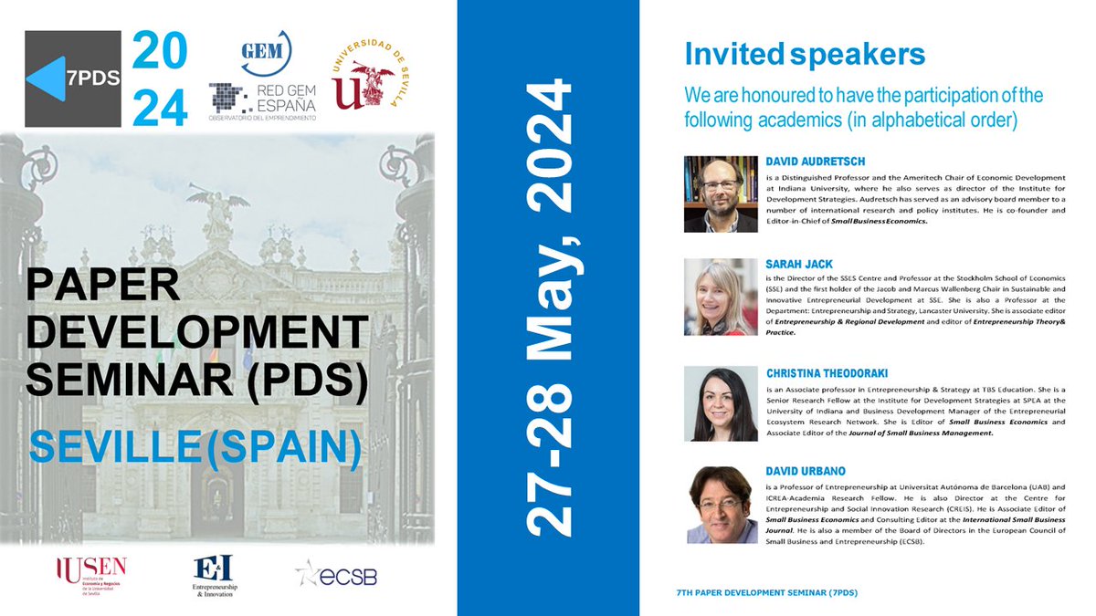 We are pleased😍to announce that the VII Edition of the "Paper Development Seminar" #7PdsEntrep co-organized by <a href="/unisevilla/">Universidad de Sevilla</a> and @GEM_es will take place on 27-28 May 2024 at <a href="/FceyeUs/">Facultad Económicas y Empresariales Univ. Sevilla</a> #Seville (Spain). Deadline 31 January 2024
More info: esu-network.eu/events/7pds-se…