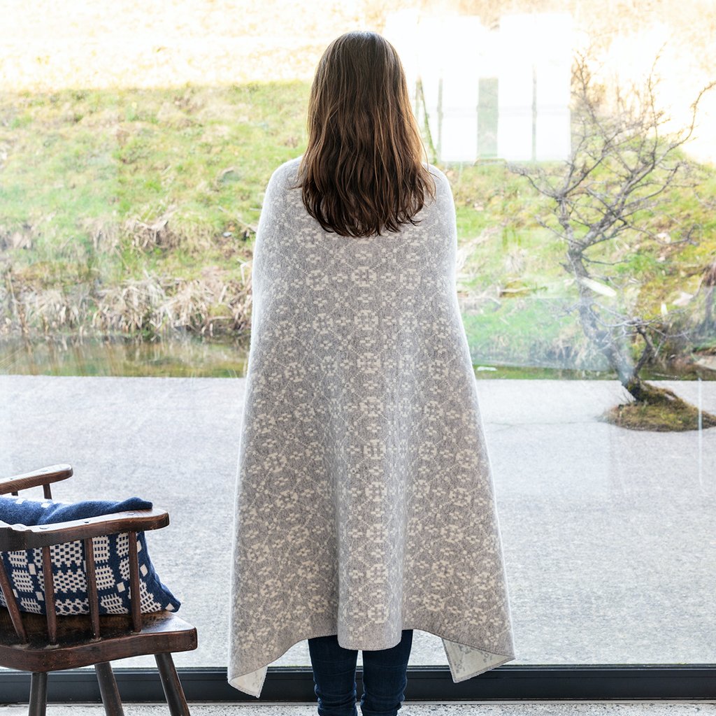 Niwl (Mist).  One of our first lambswool blankets and still one of our most popular!  This is a delicate, subtle design that works well in most colour schemes - its a touch of prettiness without being too twee.