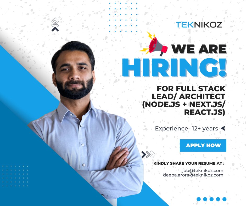 Teknikoz1's tweet image. 📢🔍 WE ARE HIRING 🔍📢
👉For Full stack Lead/ Architect (Node.js + Next.js/ React.js)
Experience- 12+ years
For more visit - linkedin.com/feed/update/ur…
✉️ Email your CV -
job@teknikoz.com
deepa.arora@teknikoz.com
#TEKNIKOZ #fullstacklead #fullstackarchitect