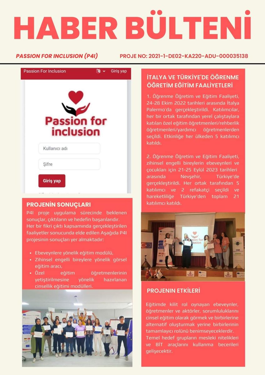 P4I Turkish Newsletter Prepared By CERA Türkiye

Project Name: “Passion 4 Inclusion (P4I)'' 
Project Coordinator: ARSU Academy for Lifelong Learning and Development Germany e.V.
Project ID: 2021-1-DE02-KA220-ADU-000035138

#Germany 🇩🇪 #Türkiye 🇹🇷 #Italy 🇮🇹 #Romania 🇷🇴