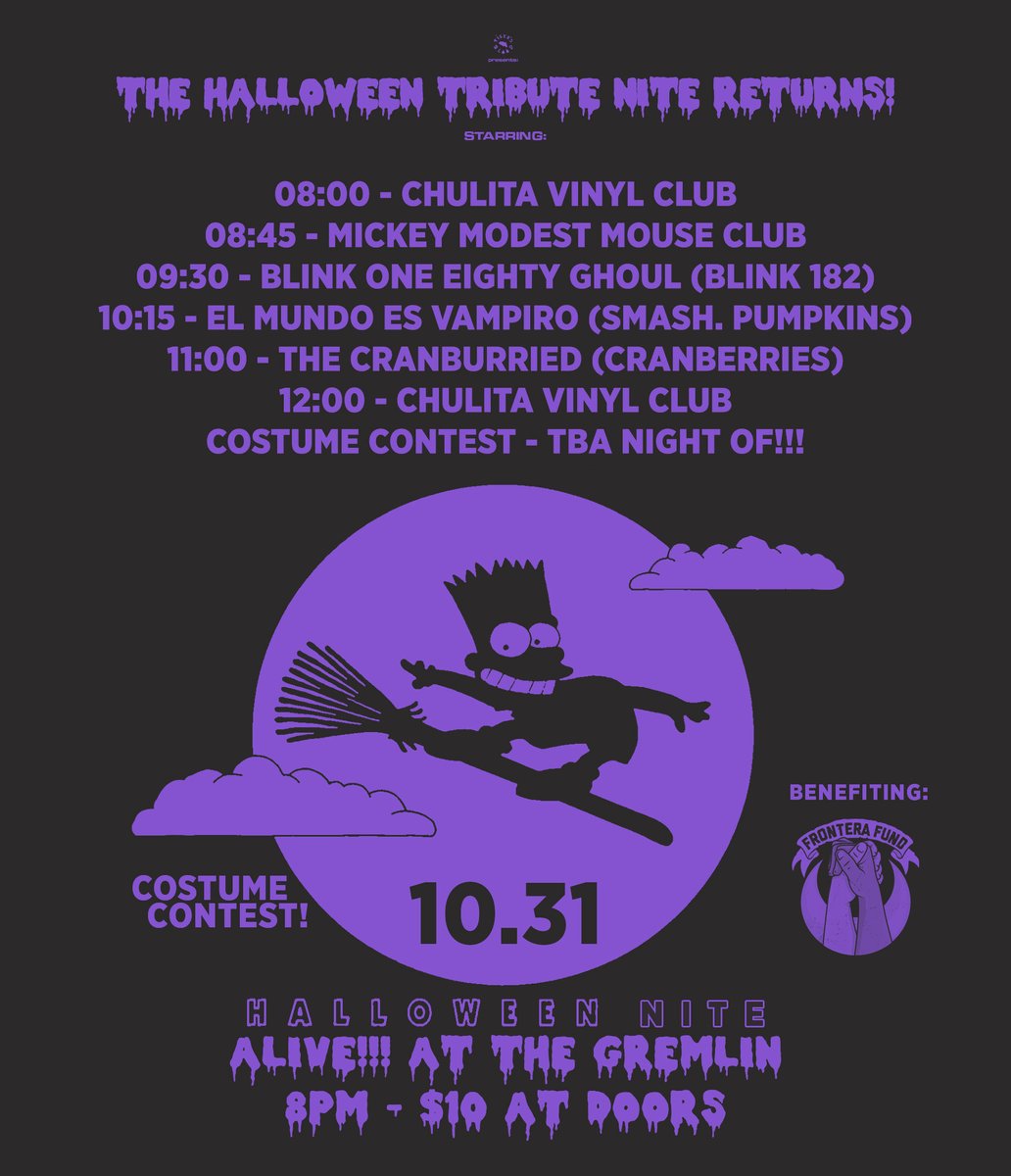 The Halloween Tribute Nite returns - 10.31! Some of the very best in our regional scene coming thru to deliver freaky tribute sets to the Cranberries, Smashing Pumpkins, /&more.

Net proceeds going to @FronteraFundRGV 
Doors at 8pm. Costume contest is happening.

$10 at doors!
