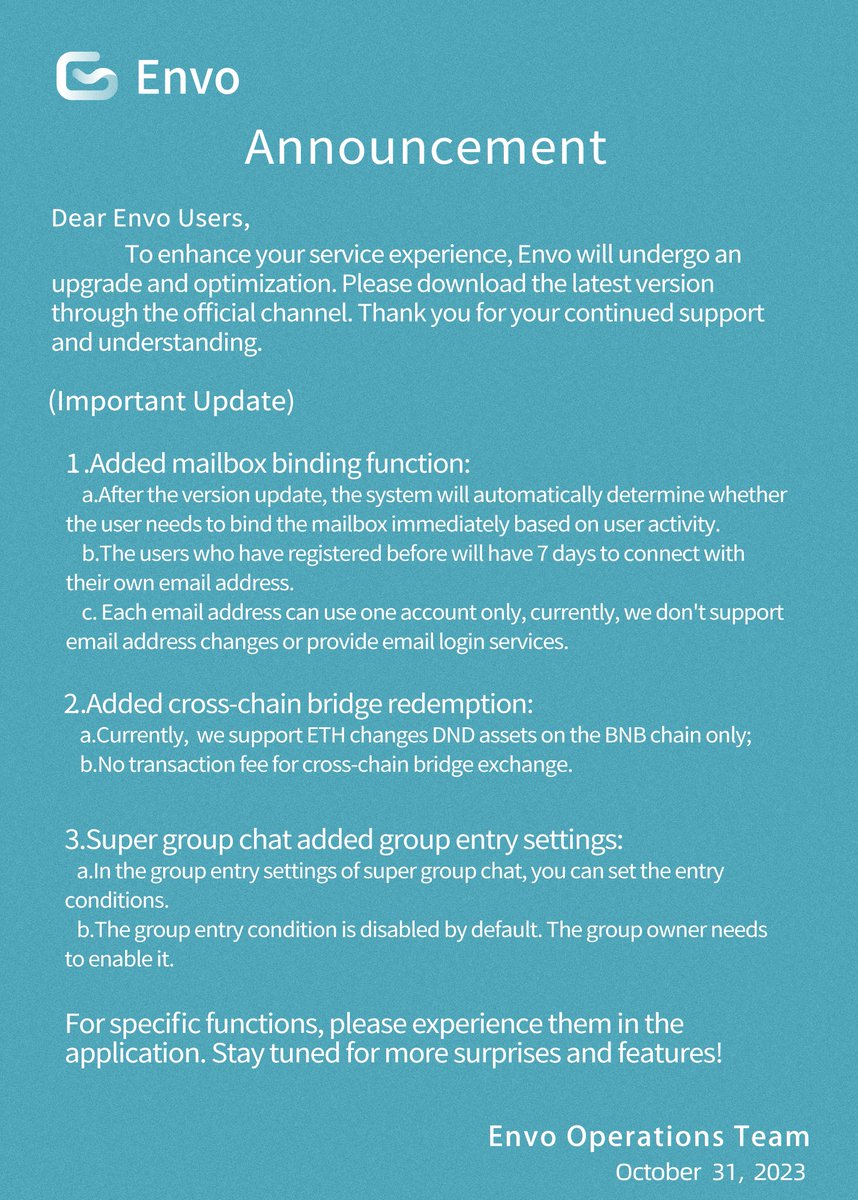 Envo_Official's tweet image. Exciting News from Envo! 📢📢📢

We&apos;re gearing up for a major upgrade to enhance your experience. Check out the details in the attached image. 

Stay tuned for a better, more optimized Envo! 🔧✨ 

#EnvoUpdate #OptimizationJourney #StayTuned