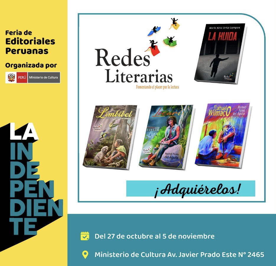 RedesLiteraria's tweet photo. Del 27 al 05 de noviembre las producciones literarias de los miembros de la Asociación Cultural Redes Literarias estarán en la Feria de Editoriales Peruanas ¡No te lo pierdas! https://t.co/iKnxuWbVka