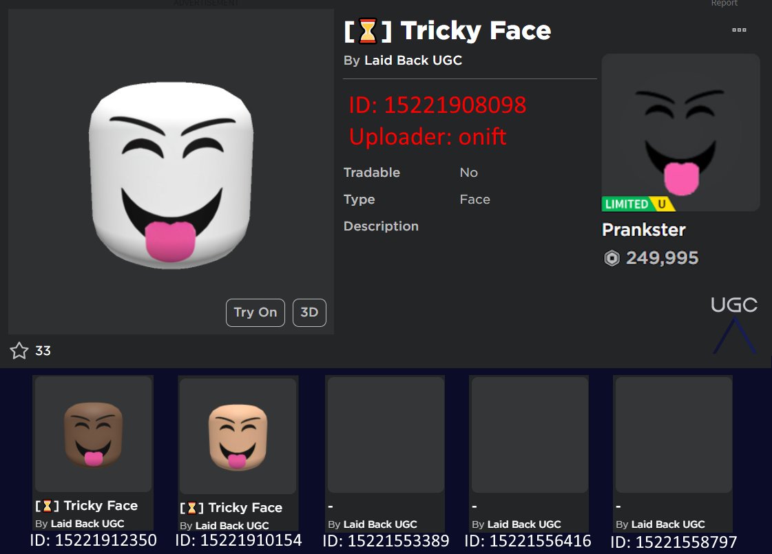 Peak” UGC on X: UGC creator onift uploaded 6 1:1 copies of the limited  face Prankster. #Roblox #RobloxUGC  / X