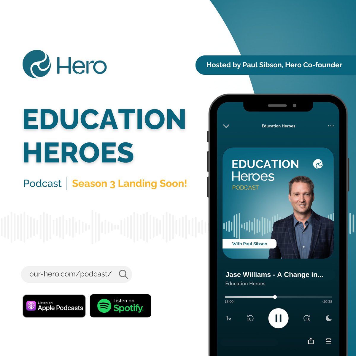 heroforschools's tweet photo. Season 3 of the Education Heroes Podcast is set to land next week! Featuring an all new lineup of education leaders, join Paul Sibson (Hero CEO & Co-founder) to hear the challenges, stories, and successes that have shaped our guests’ careers in education.

In the meantime, catch up on past episodes to get a taste of what's to come in Season 3🎙️ https://t.co/LvQ9bRdlBr

#EducationHeroes #HeroEd #Podcast #MakingADifference