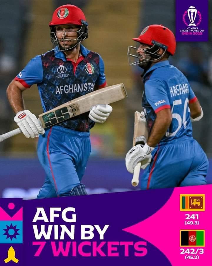 MWaliZazai's tweet photo. هېوادوالو، دریمه او دوامداره بريا مو مبارک شه 🙌!
-----
Congratulations to the entire Afghan Nation for 3rd continuously winning!
 #CWC23 | #AFGvSL https://t.co/MM1eh9wiCI
