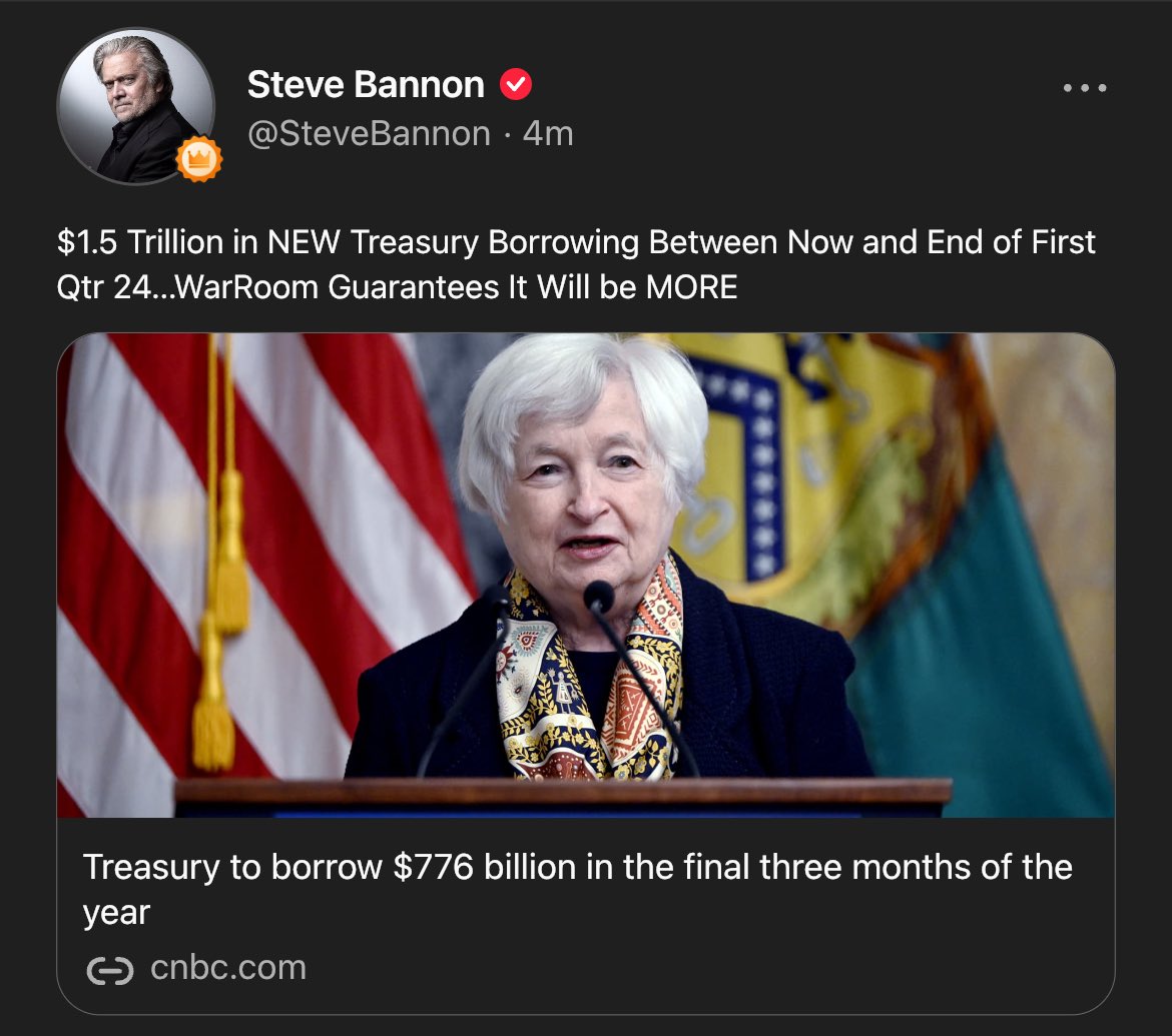 $1.5 Trillion in NEW Treasury Borrowing Between Now and End of First Qtr 24…WarRoom Guarantees It Will be MORE cnbc.com/2023/10/30/tre…