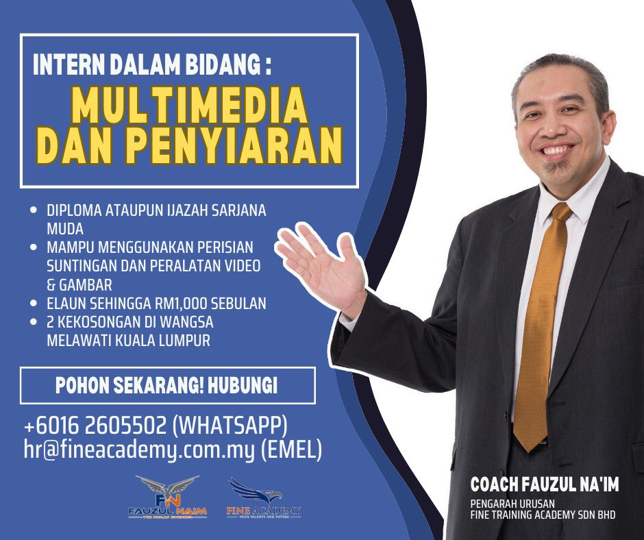 akmalduanz's tweet photo. Kami mencari calon untuk latihan industri. Kepada mahasiswa yang perlu menjalani latihan industri, boleh mohon #FINEAcademy: https://t.co/6b0hXwXhBO