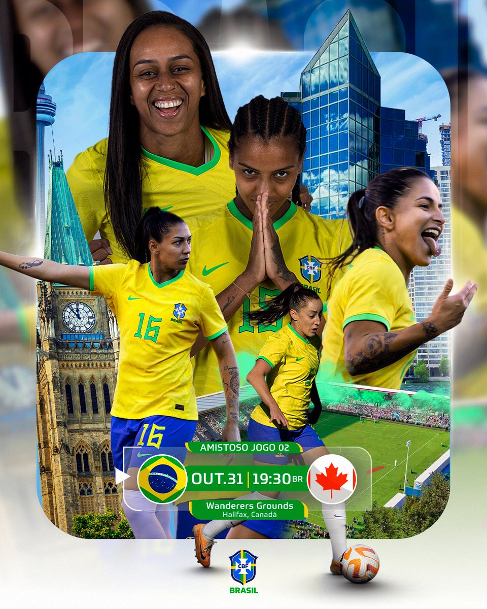 SelecaoFeminina's tweet photo. É HOJE, BRASIL! 🇧🇷

Prontas para mais uma! Hoje tem #SeleçãoFeminina em campo pelo segundo amistoso contra o Canadá! Vamos com tudo! 💪 

🇧🇷 x 🇨🇦
🗓️ 31.10 | 19h30 (Brasília)
🏟️ Wanderers Grounds - Halifax, Canadá
📺 @sportv https://t.co/YoMxIPs0lB