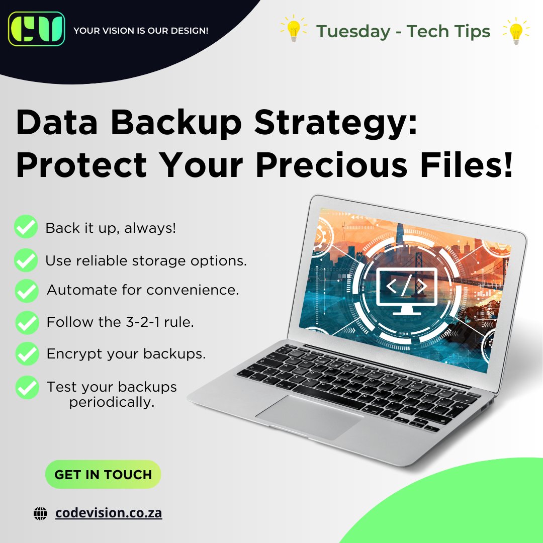 codevisionrsa's tweet image. 🔏Safeguarding your data is essential in today's digital world. Follow these expert tips to create an effective data backup strategy.
#CodeVision #DataBackup #DataProtection #BackupStrategy #DigitalSecurity #PeaceOfMind