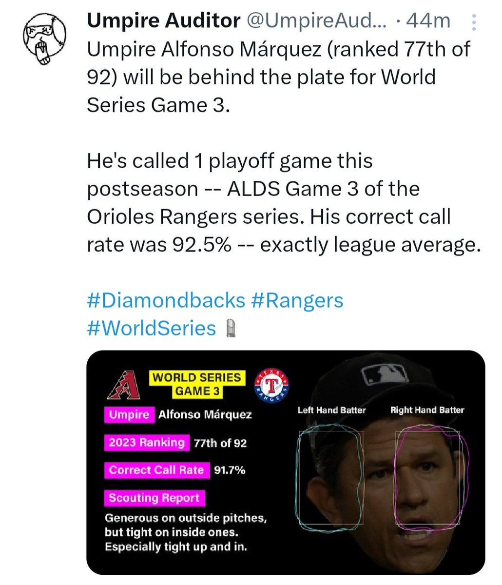 WorldsofCurls's tweet photo. @Vincemarotta No idea why he'd even be working the World Series. He is one of the worst umpires in MLB. His first call of the game 1 at 1st base was obviously wrong and overturned by replay. He is just a little better than Angel Hernandez and C. B. Bucknor behind the plate. https://t.co/BfNadjjvQU