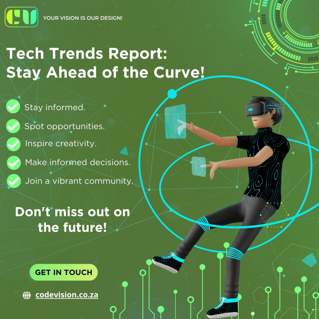 codevisionrsa's tweet image. 🌐 Embrace the ever-evolving world of technology with our weekly/monthly Tech Trends Report! 📈 🔥
#CodeVision #TechTrends #Innovation #TechnologyReport #StayInformed #BeAhead #TechCommunity