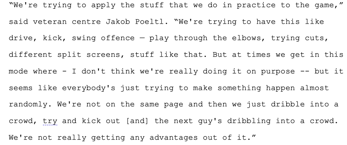 I think this quote from Jakob Poeltl neatly sums up where the Raptors are right now, which is last in the NBA in points per play in the half court: