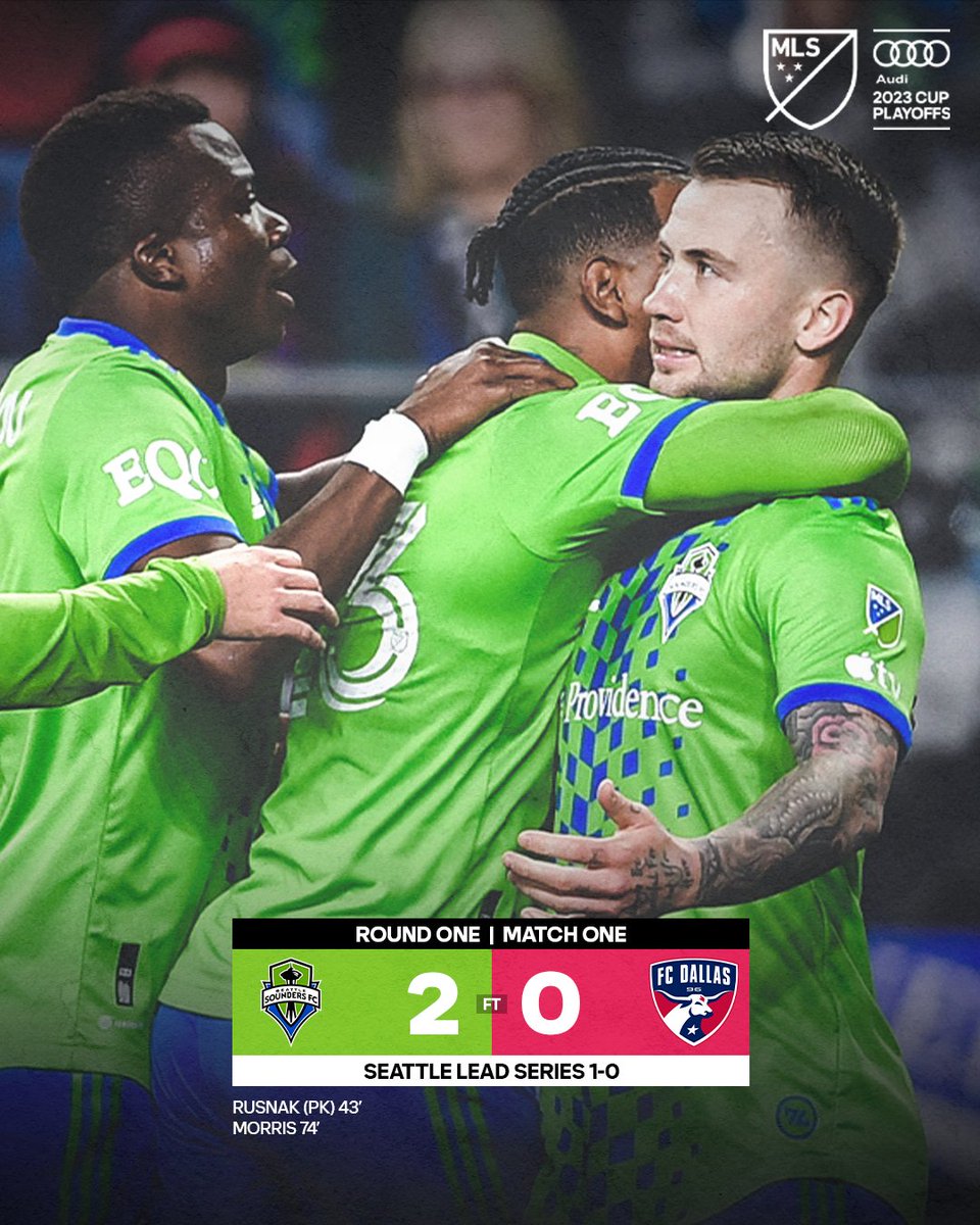 MLS's tweet image. Strong start to the Audi #MLSCupPlayoffs for @SoundersFC 💪

Albert Rusnák and Jordan Morris score as the #Sounders take a 1-0 series lead over Dallas.