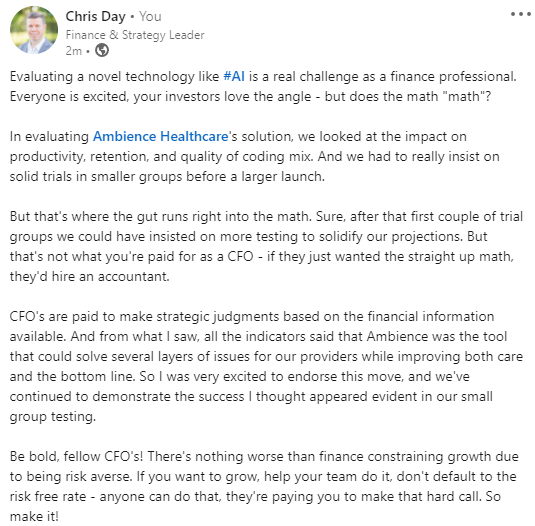 ChrisDayNC's tweet photo. How should you approach #AI as a #CFO?  Two words: be bold!

https://t.co/35zhe8M4EH https://t.co/Gu5aWJ1YtW