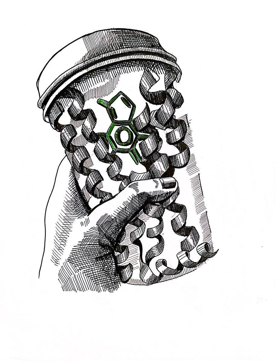 Irina Bezsonova (@irinabezsonova) on Twitter photo This October I’m drawing one molecule a day inspired by proteins in pdb <a href="/PDBeurope/">Protein Data Bank</a> <a href="/buildmodels/">rcsb pdb 💉🧬💻🔬💊🌱🧠🦠</a>
Day 30/31
Prompt RUSH
Caffeine blocks adenosine A2A receptor and provides a little rush that helps us wake up.
Pdb 3RFM
Last: FIRE🔥
Please send your suggestions
#inktober #sciart This October I’m drawing one molecule a day inspired by proteins in pdb <a href="/PDBeurope/">Protein Data Bank</a> <a href="/buildmodels/">rcsb pdb 💉🧬💻🔬💊🌱🧠🦠</a>
Day 30/31
Prompt RUSH
Caffeine blocks adenosine A2A receptor and provides a little rush that helps us wake up.
Pdb 3RFM
Last: FIRE🔥
Please send your suggestions
#inktober #sciart