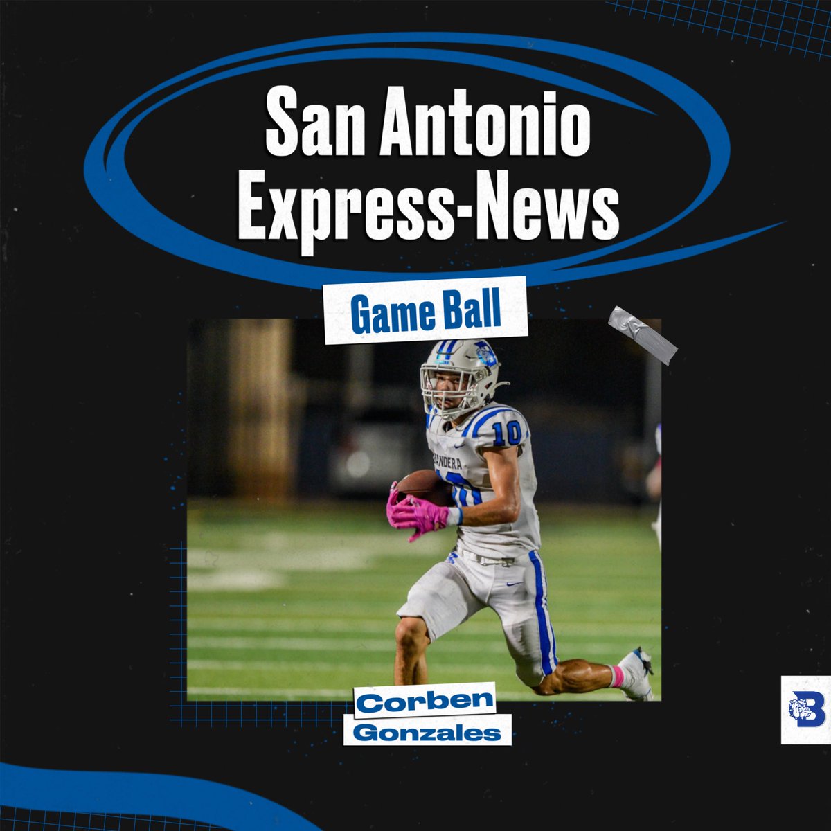 Congratulations to senior Corben Gonzales on earning a San Antonio Express-News Game Ball for his efforts in Thursday night’s district championship clinching win over YMLA!

Corben had four receptions for 91 yards and one TD, a rushing TD, and two interceptions. #WeAreOne