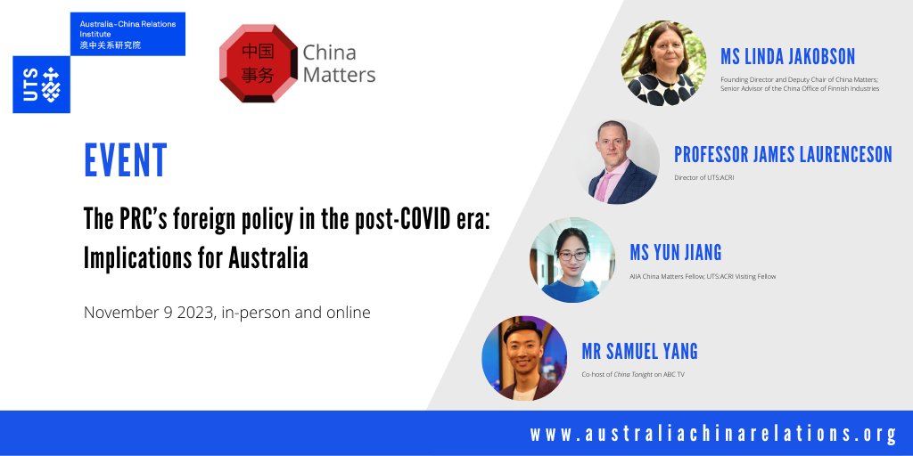 EVENT | The PRC’s foreign policy in the post-COVID era: Implications for Australia UTS:ACRI in partnership with @ChinaMattersAUS will host a discussion with @j_laurenceson @JakobsonLinda & @yun_aus, moderated by @samuelyang_. Nov 9, in-person and online bit.ly/46PfBbZ