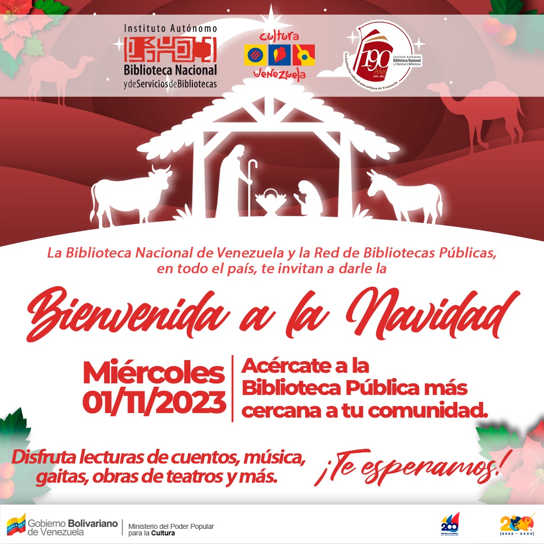 🗣️ | Este #01Noviembre acércate a la Biblioteca Nacional de Venezuela y a todas las Bibliotecas Públicas del país, para darle la bienvenida a la #navidad2023  
Mucha alegría y magia decembrina 💫✨ ¡Te Esperamos!  

⏰ 10:00am

.

#DileSiANuestroEsequibo