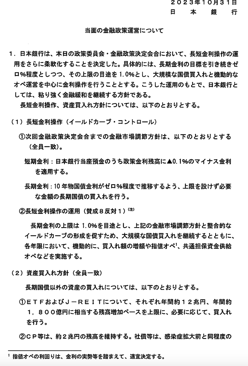 yukimamax's tweet photo. 🇯🇵日銀金融政策決定会合・結果発表（12:30）
・上限の目処を1.0%
→従来の±0.5%、絶対上限＋1.0%から微修正

☑️1.0%以上容認もというリークがあったため、上限1.0%なら金利上がらんという話で円安・株高に。 https://t.co/HTvEPIgnoc