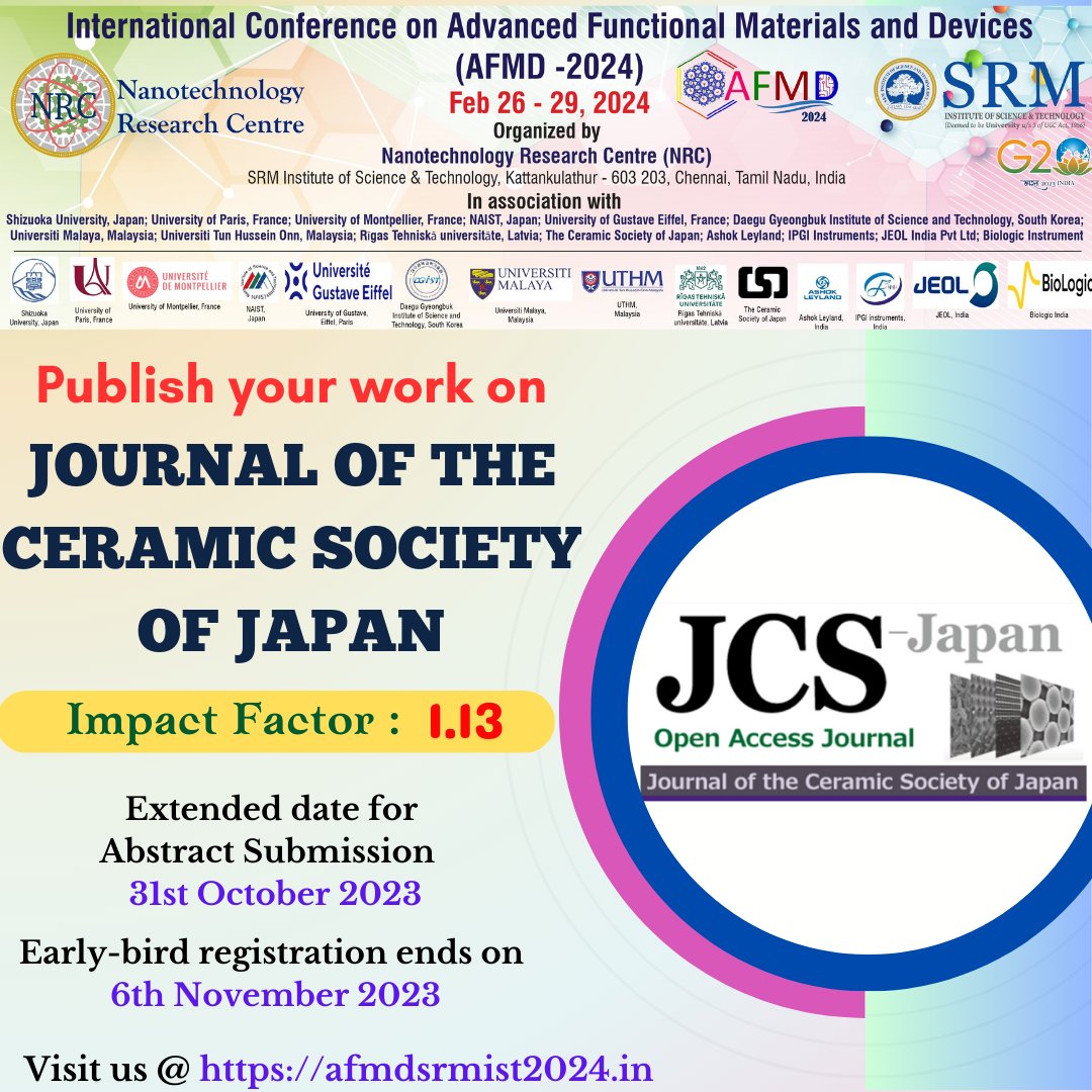 Publish your research in the 'Journal of the Ceramic Society of Japan' of The Ceramic Society of Japan. Publishing. Join Us at the @AFMD2024 We want to hear from you! Brochure link: lnkd.in/ead8hHAN Website link: afmdsrmist2024.in @SRM_Univ @AFMD2024