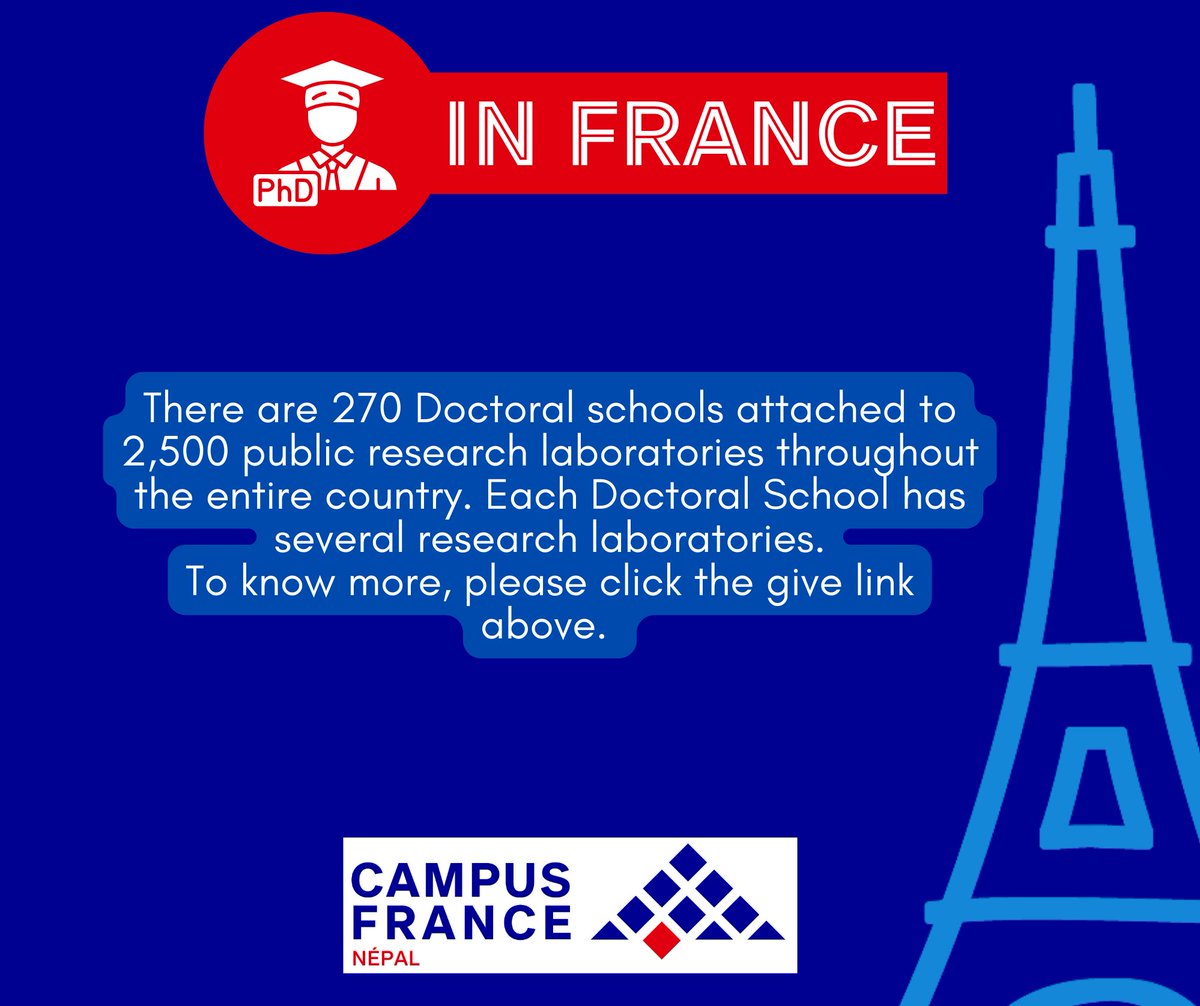 There are 270 Doctoral schools attached to 2,500 public research laboratories throughout the entire country. Each Doctoral School has several research laboratories.
Please click below for further information.
doctorat.campusfrance.org/en/phd/offers
#StudyInFrance #CampusFrance #PHD