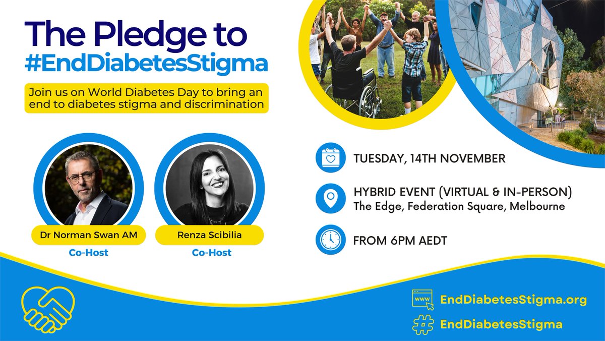 In 2 weeks, join us on #WorldDiabetesDay to celebrate the Pledge to #EndDiabetesStigma

🗓 14 Nov 2023
📍 Live-streamed &amp; In-Person in Melbourne, Aus
🍽 Light refreshments served from 5:30PM
🎤 Hosted by @NormanSwan &amp; <a href="/RenzaS/">Renza / Diabetogenic</a>

🎟Register Today (free!)🎟
enddiabetesstigma.org/world-diabetes…