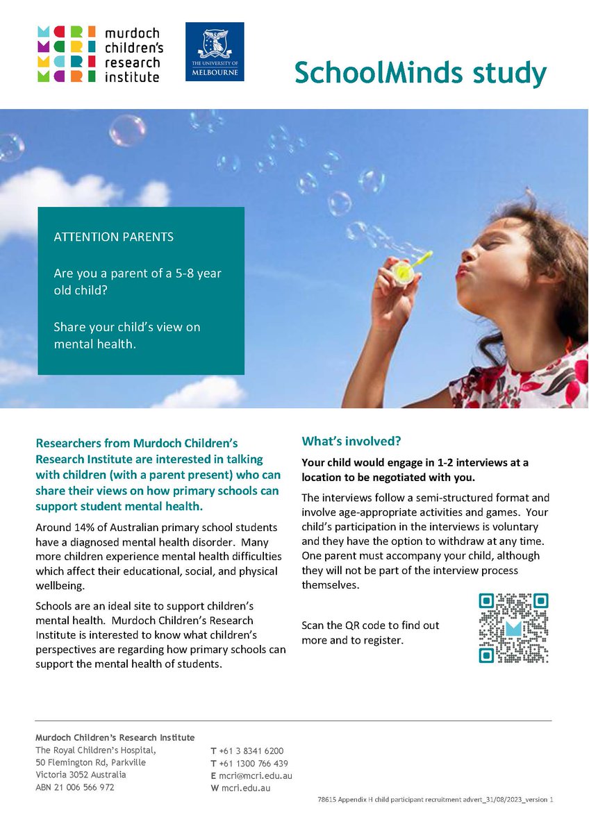 We are recruiting children aged 5-8 years, in Victoria.  Keen to hear their views on how primary schools can support student mental health.
Follow the link to find out more:
redcap.mcri.edu.au/surveys/?s=DM4…