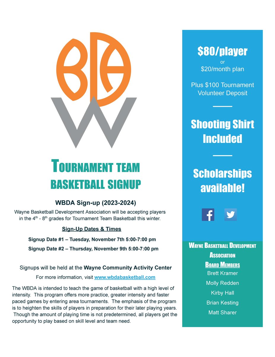 WBDABasketball's tweet image. Sign-Ups for the 2023-24 season will be Tues. Nov. 7 and Thurs, Nov. 9th from 5-7 pm each day @WayneCAC for grades 4 through 8, boys and girls. 

Visit wbdabasketball.com/wbda-player-re… to download paperwork if you wish to fill out ahead of time.