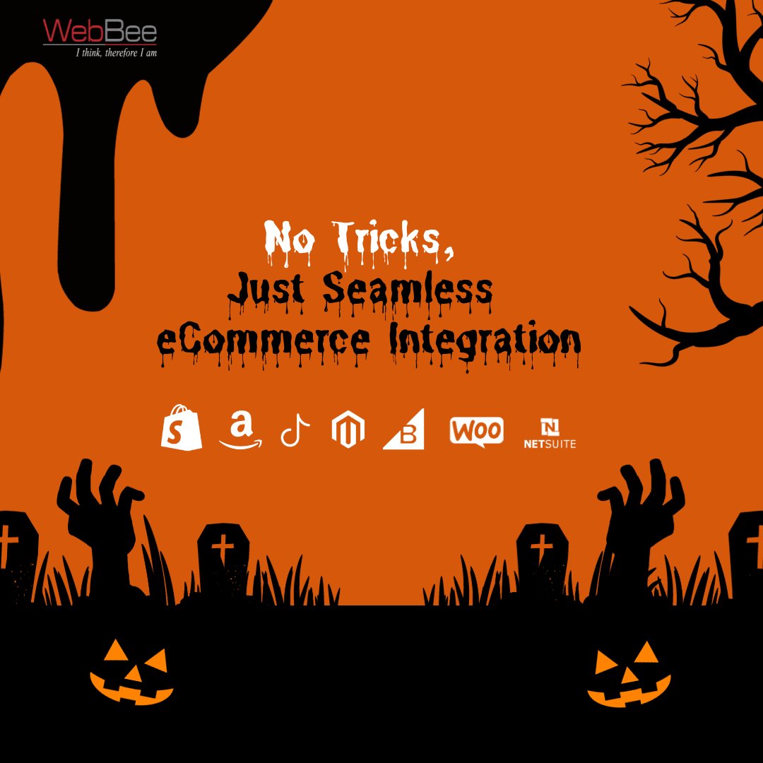 webbeeglobal's tweet image. No Tricks, Just Seamless Treats!🎃 This Halloween, @webbeeglobal  Products brings you the magic of eCommerce Integrations for all platforms. Elevate your sales with our integrated solutions.🚀🛒 

Get Your Treats 🎃: webbeeglobal.com/?utm_source=tw…

#HalloweenSales #eCommerceIntegrations
