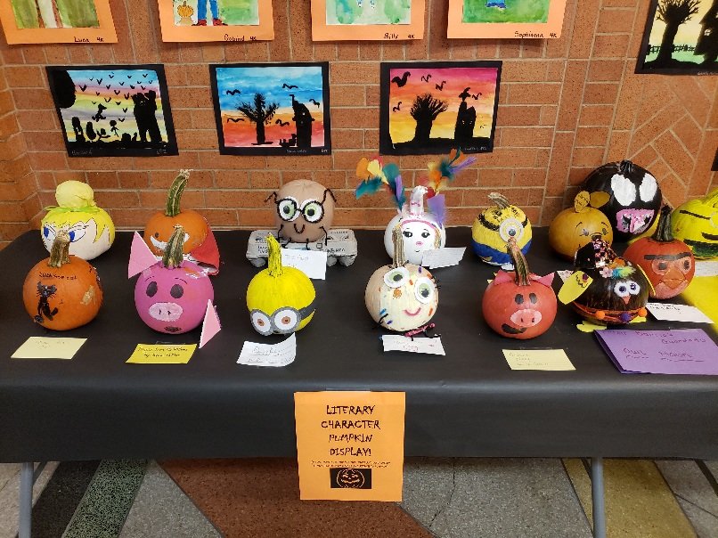 JohnnyCougar's tweet photo. Students created special "Literary Pumpkins" in honor of their favorite book character to decorate our main lobby.  Who's your favorite? https://t.co/C2UJft2GuV