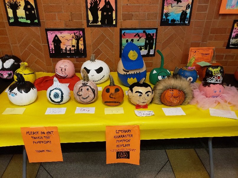 JohnnyCougar's tweet photo. Students created special "Literary Pumpkins" in honor of their favorite book character to decorate our main lobby.  Who's your favorite? https://t.co/C2UJft2GuV