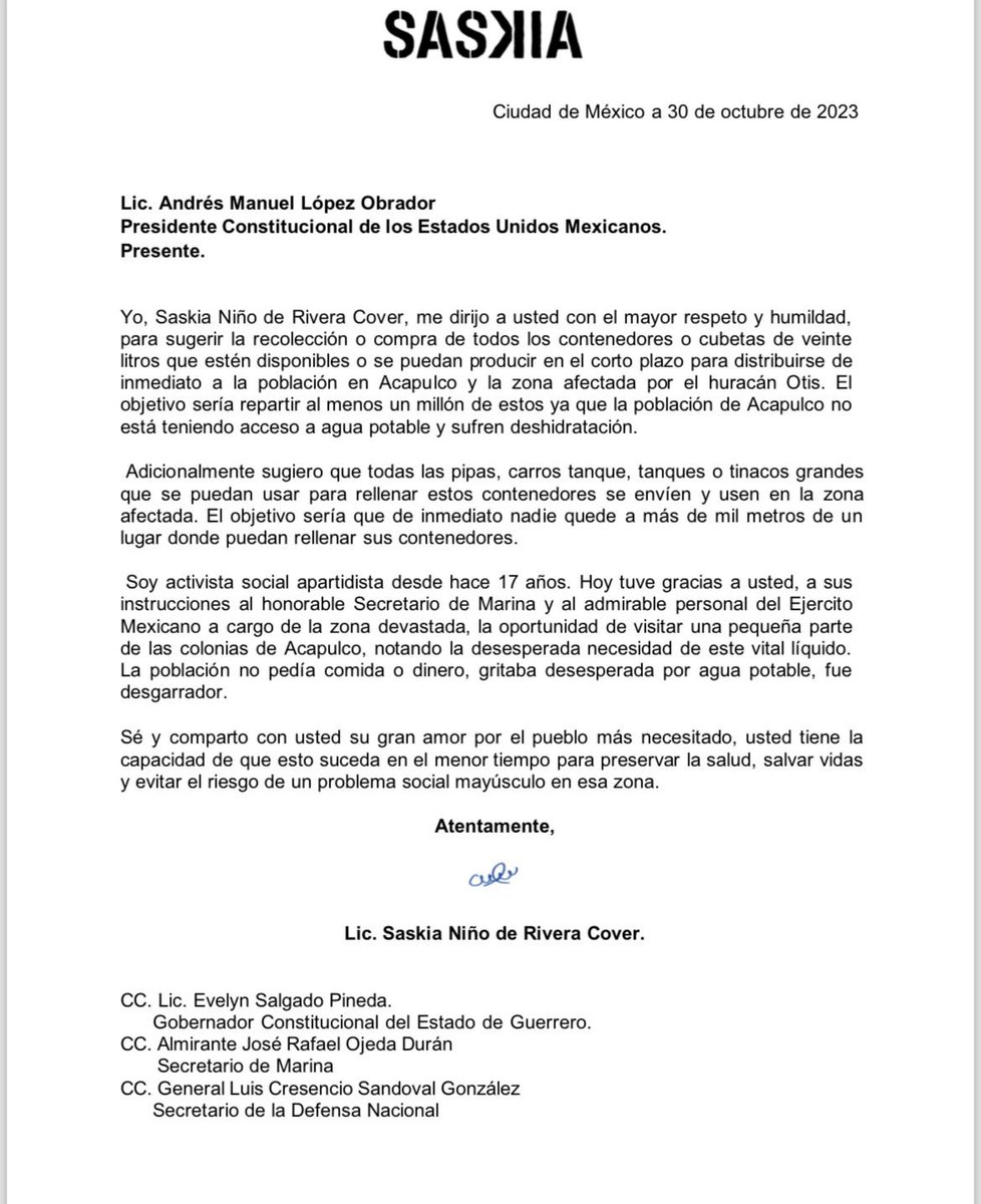 Estimado Presidente <a href="/lopezobrador_/">Andrés Manuel</a> . Con el respeto que ustedes merece le hago llegar esta carta. 

Porfavor más que nunca se necesita agua.
