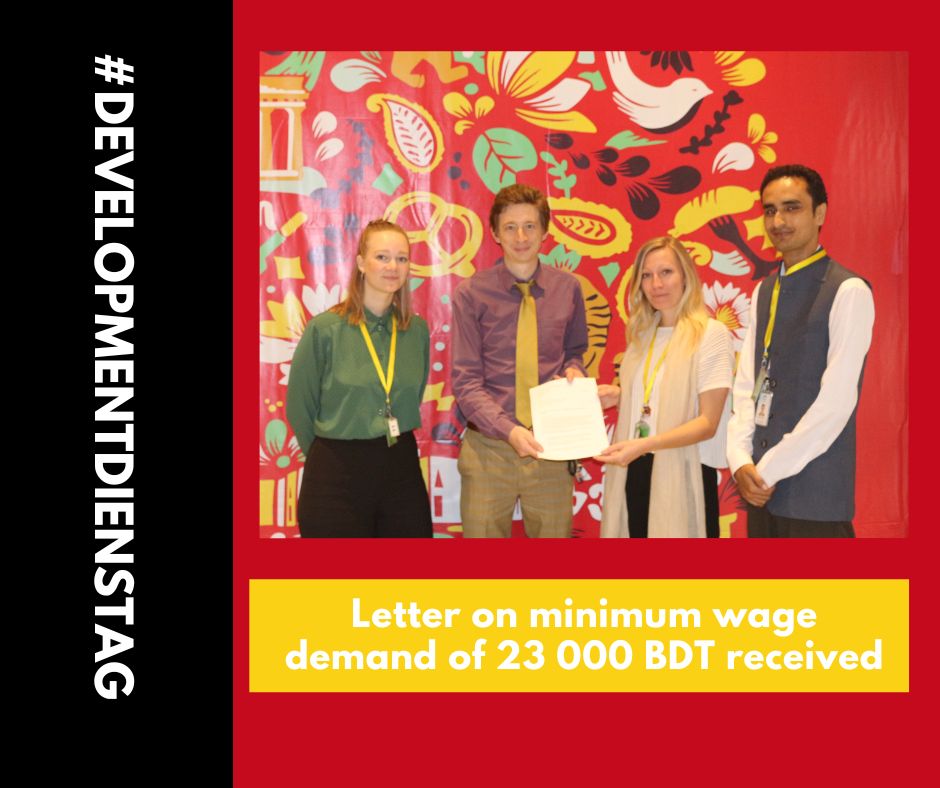GermanEmbassyBD's tweet photo. A letter from the #CleanClothesCampaign demanding a minimum wage of 23,000 BDT for RMG-workers was handed over in the German Embassy. Sustainable supply chains and due diligence are important topics for #GermanDevelopmentCooperation. https://t.co/roBtsjiMyz