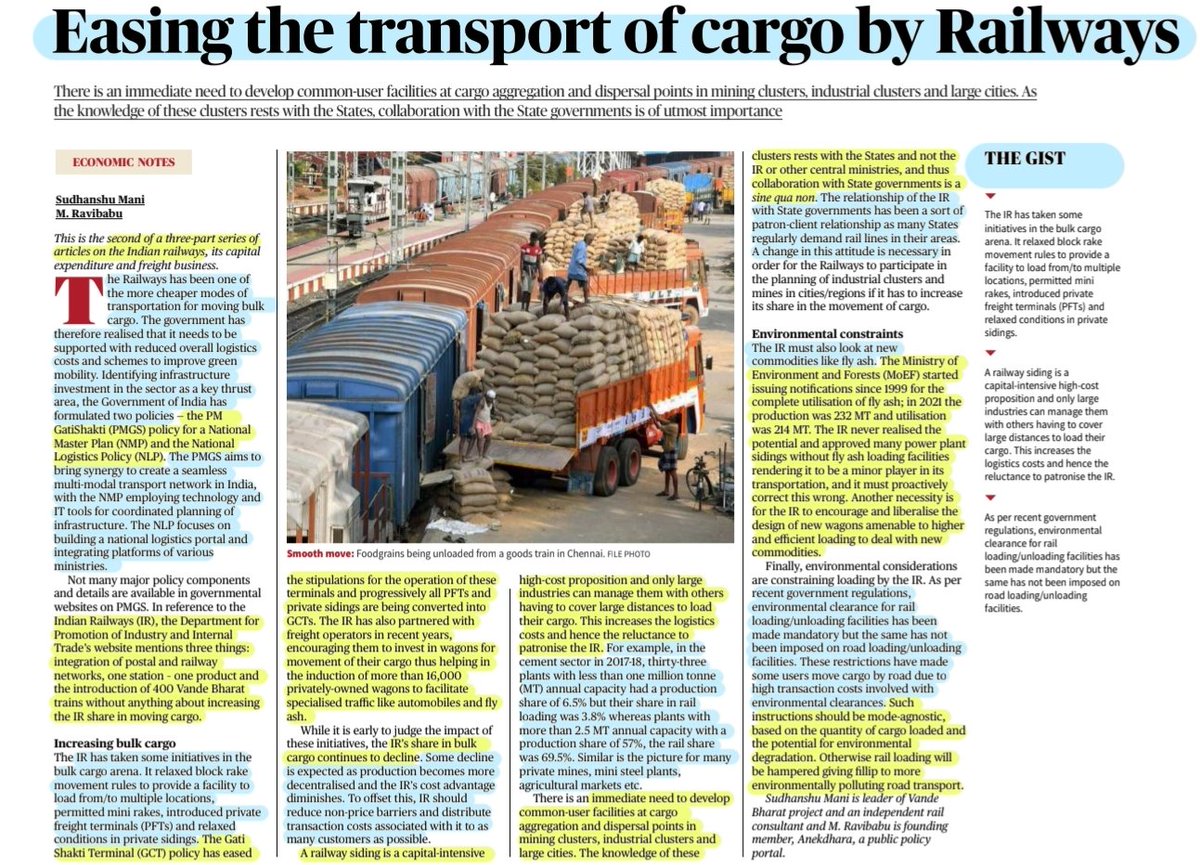 imRavikantYadav's tweet photo. 'Easing the Transport of Cargo by Railways'
:Well explaind by Sh Sudhanshu Mani & Sh M.Ravibabu
@ManiSudhanshu58
#indianrailway
#PMGS #NMP #NLP #Transport
#Cargo #FreightBusiness #private #PFTs #RailSidings #CapitalIntensive
#logistics
#EnvironmentalClearance
#UPSC
Source:TH https://t.co/Knr3fQk9lW