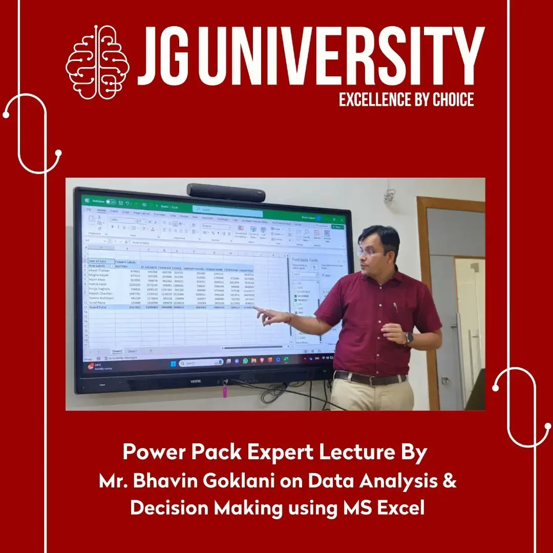 _JGUniversity's tweet photo. JG University organized an enriching lecture session featuring Mr. Bhavin Goklani, an expert in data analysis and decision-making using MS Excel. This power-packed lecture aimed to enhance the students' understanding of these vital skills. https://t.co/GFMTN5nTKN