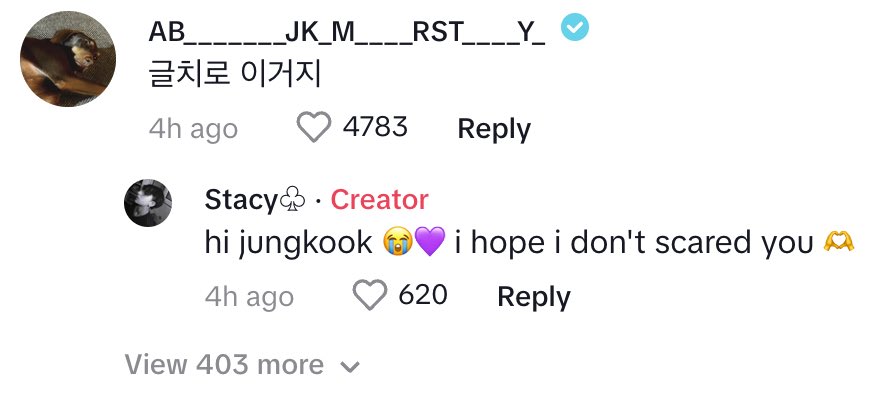 BTS_Trans's tweet photo. 231031 @BTS_twt Jungkook’s Comment on stacy.l04’s TikTok

Hi jungkook, I hope you don’t see this video at night 💜

JK: Yeeaah this is it

Trans cr; Aditi @ bts-trans
© TAKE OUT WITH FULL CREDITS

🔗 https://t.co/WYlYPCHTFG https://t.co/DMLUjoHiqY
