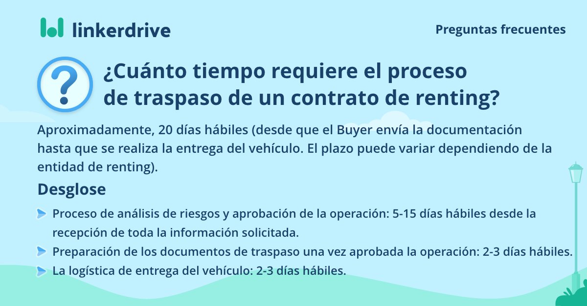 linkerdrive's tweet photo. ¿En cuánto tiempo se traspasa un contrato de renting?

Es una de las preguntas más frecuentes que nos trasladan nuestros clientes y hoy te detallamos todo

#traspasoderenting #rentingdevehículos #renting https://t.co/wB9IXSZdeU