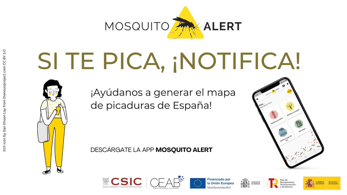 🗺️Ayúdanos a generar el mapa de picaduras de España Bájate #MosquitoAlert, fotografía a tu mosquito y sus lugares de cría, y con los datos que nos proporciones, crearemos un mapa interactivo que nos ayudará a hacer frente a la propagación de enfermedades. #SiTePicaNotifica
