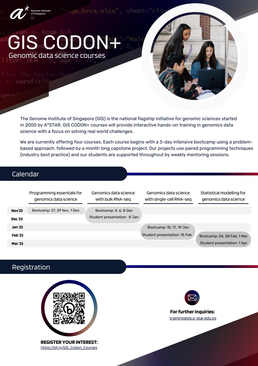 gokce_bin's tweet image. By popular demand, the 3rd round of the GIS CODON+ Workshop Series on #genomics #datascience is now open for registration. More details on course details, dates &amp;amp; fee in the attached poster.

Register at lnkd.in/gCvv3F69 by 7 Nov 2023.