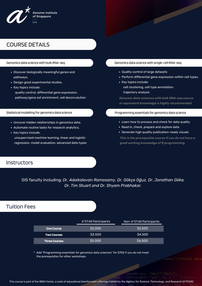 gokce_bin's tweet image. By popular demand, the 3rd round of the GIS CODON+ Workshop Series on #genomics #datascience is now open for registration. More details on course details, dates &amp;amp; fee in the attached poster.

Register at lnkd.in/gCvv3F69 by 7 Nov 2023.