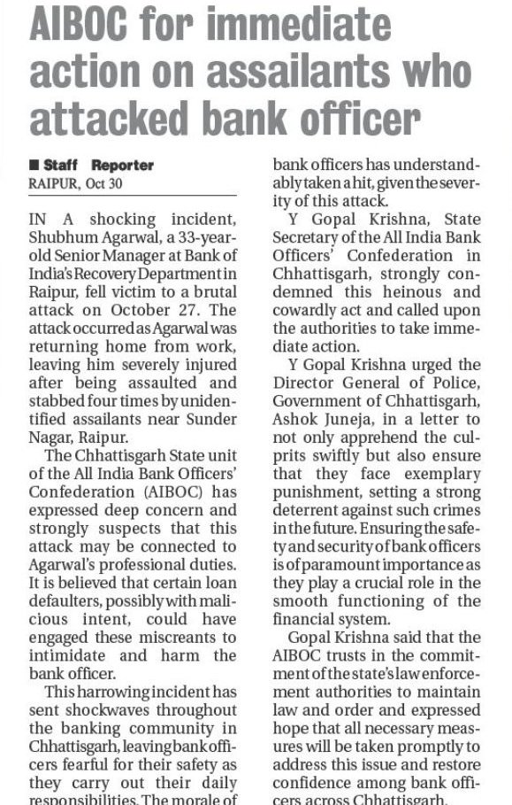 ramshankarsingh's tweet image. #BankersProtectionAct से वंचित देश के आम बैंककर्मियों पर बर्बता  पूर्ण जानलेवा हमला जारी है और इस बाबत सरकार की चुप्पी भी।

कल इसका शिकार हुए बैंक ऑफ़ इंडिया रायपुर के वरिष्ठ शाखा प्रबन्धक शुभम अग्रवाल जी।
@PMOIndia
@nsitharaman 
@DFS_India 
@RaipurPoliceCG