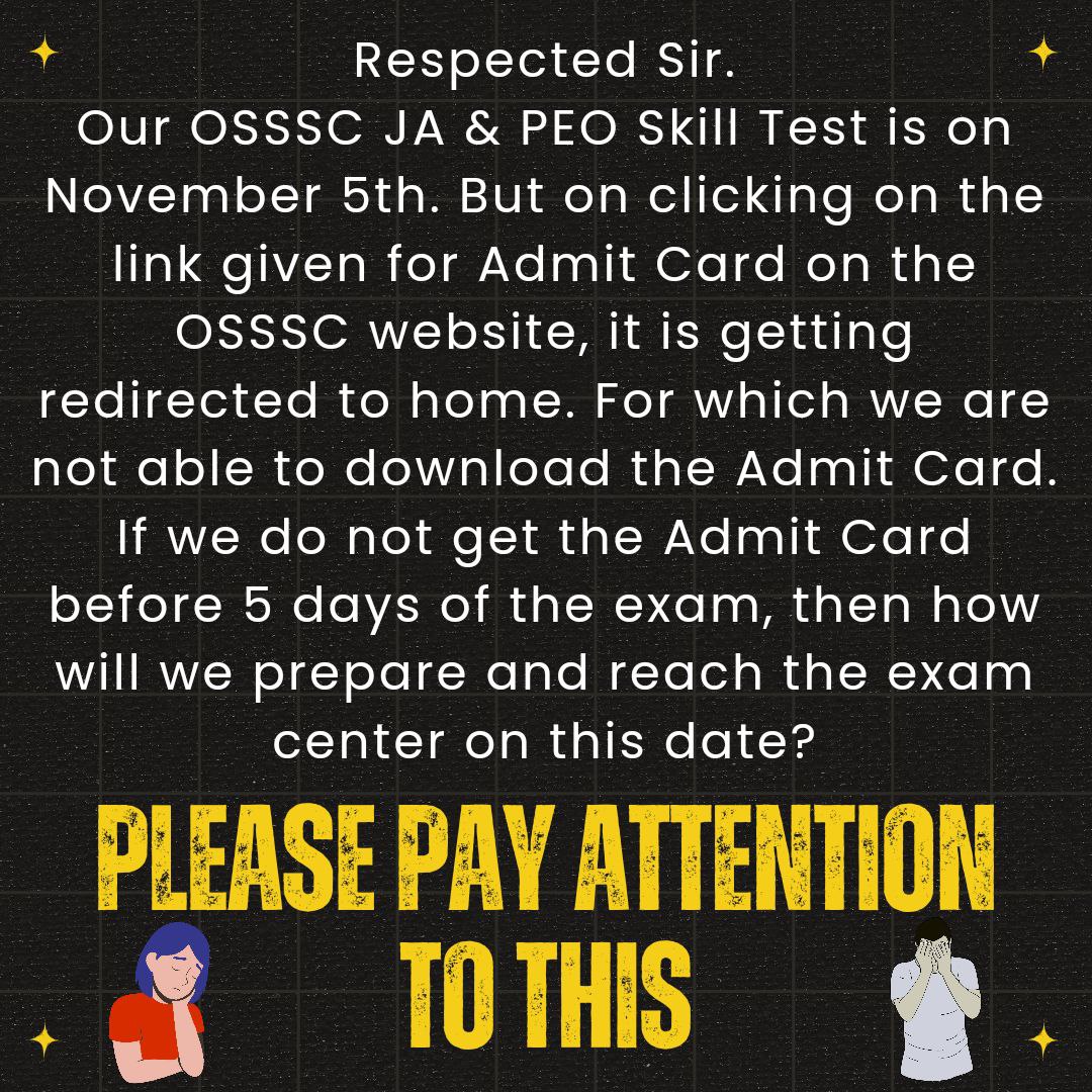 ShubhrajyotiDa3's tweet photo. @PradeepJenaIAS
@MoSarkar5T  
@CMO_Odisha  
@SecyChief  
@IPR_Odisha
@MoSarkar5T 
@Naveen_Odisha
#OSSSC_PEO_JA_SkillTest_AdmitCard_Issue 😢 https://t.co/aW8cwXp4Yz