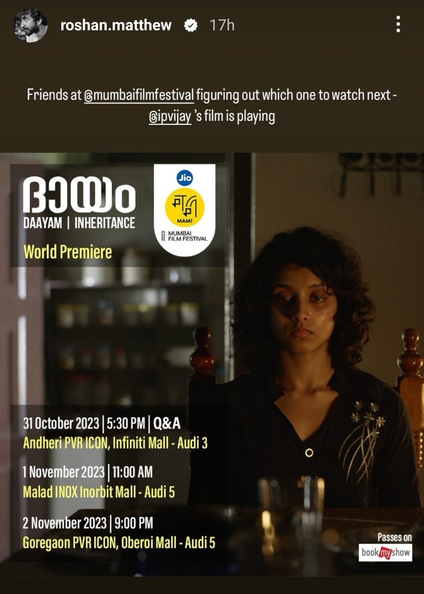 Those at <a href="/MumbaiFilmFest/">MAMI Mumbai Film Festival</a> please try to catch our Daayam's world premiere today or the shows on Nov 1 or 2. You can really trust <a href="/roshanmathew22/">Roshan Mathew</a> on such things... :)