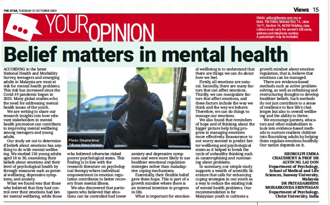 When you’re aware that you can do many things to manage your emotions , you’re more likely to have better psychological wellbeing. So says Shorolipi Emma Chaudhury based on her MSc Psychology research project. Here’s the story out in today’s TheStar.