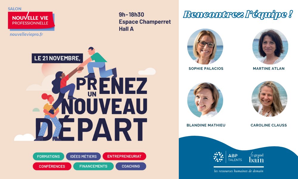 📆 Save the Date : nous sommes ravis de vous annoncer que l’équipe du Grand Bain -ABP Talents sera présente au 🌱 Salon <a href="/NouvelleVie_Pro/">Nouvelle Vie Pro</a> 🌱 le 21 nov. à l'Espace Champerret à #Paris.
Pour en savoir plus ➕ bit.ly/3QyinwG
#legrandbain #bilandecompétences #reconversion