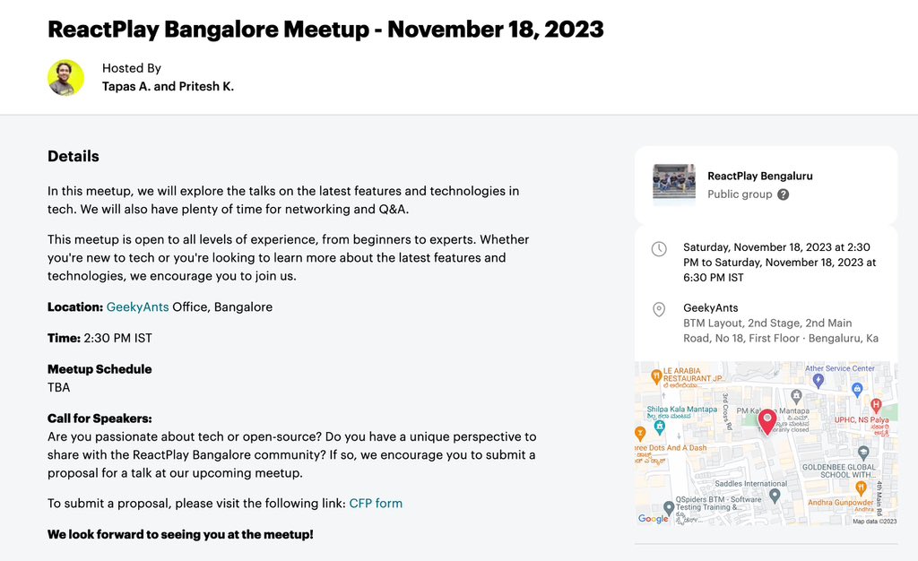 Time to knock off one more wish from the bucket list ➡️ After a bunch of successful online “Open Mic”, let’s meet in-person and learn from each other. If you are in and around Bangalore, .@ReactPlayIO brings you its first ever meet up on 18th Nov at .@geekyants office 🙌.…