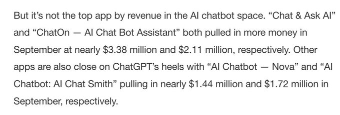 ChatGPT app revenue shows no signs of slowing, but some other AI apps top it https://t.co/1nV5Aw9BxQ