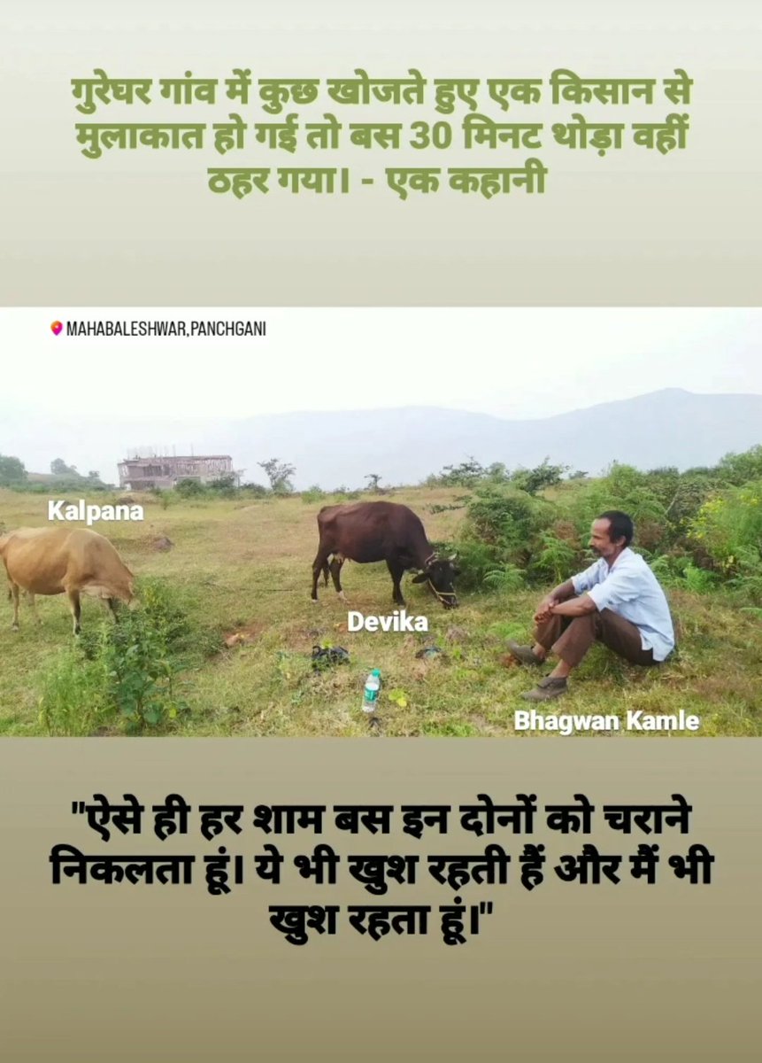 iashish22's tweet photo. शाम में गुरेगांव, पंचवटी में कुछ खोजते हुए भगवान कामले से मुलाकात हो गई तो बस आधा घंटे थोड़ा वहीं ठहर कर  उनसे बात चीत करता रहा।
उन्होंने अपनी गाय के नाम बताए गायों की बात उठी तो मुझे अपनी गाय  याद आ गई। उसका नाम काजल था। उसके लिए चारा पानी करने में मजा आता था।
.
#myexperience https://t.co/74Ag61LQLN