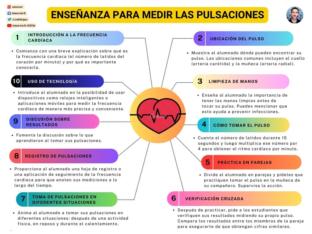 Enseñar al alumnado de Educación Física a tomar sus pulsaciones es clave para que comprendan su cuerpo, controlen la intensidad del ejercicio, se mantengan seguros, establezcan metas de condición física y  fomenten su salud cardiovascular. Veamos qué pasos seguir: #edufis